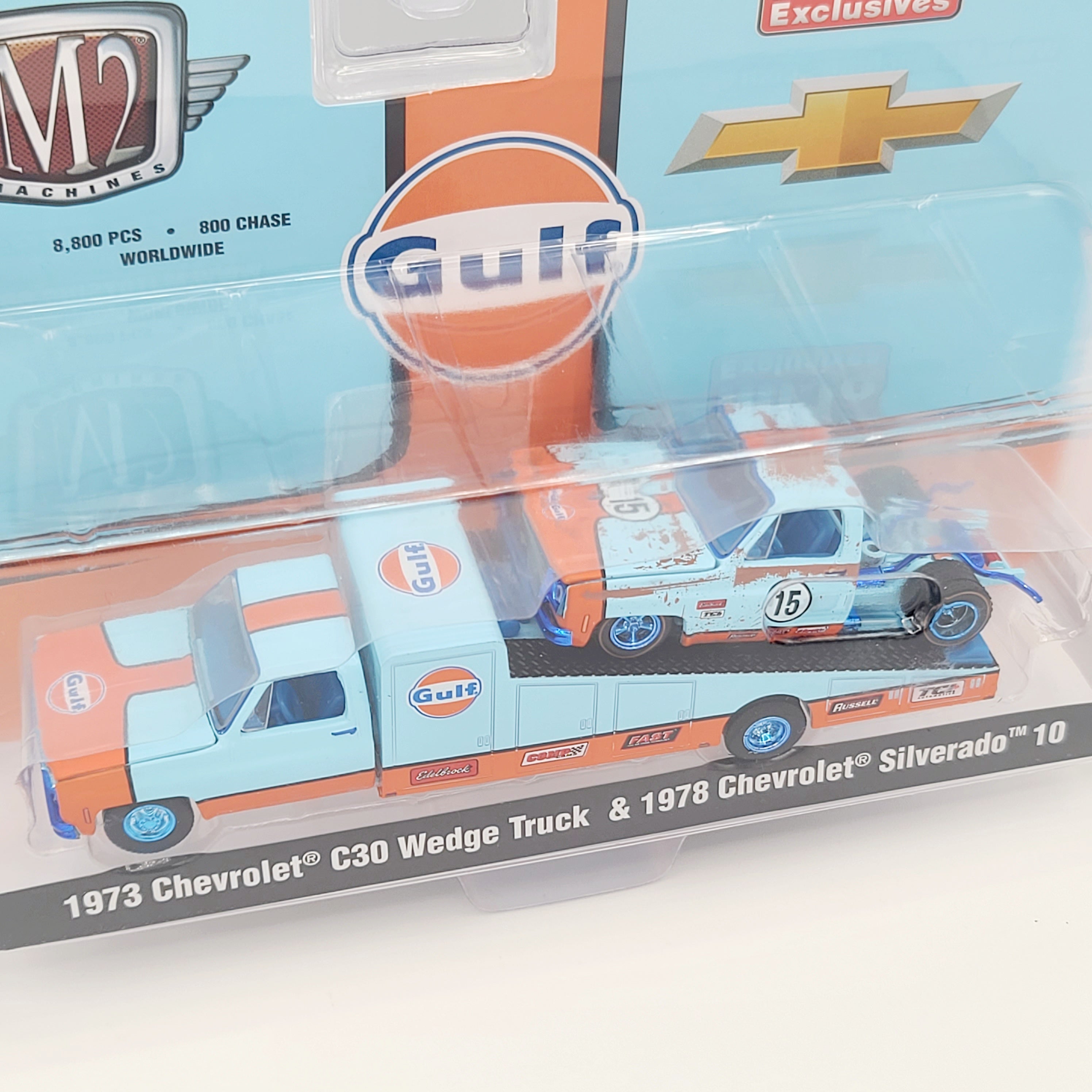 M2 Machines - CHASE - '73 Chevrolet C30 Wedge w/ '78 Chevrolet Silverado 10 - 1:64, Gulf Oil (2025 MiJo Exclusives - Limited Edition)